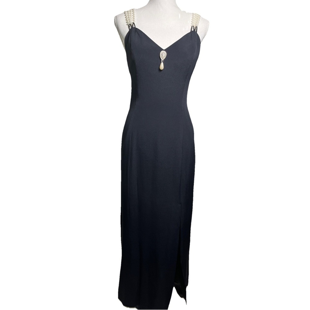 Vintage Betsy & Adam Maxi Black Evening Cocktail Dress‎ Pearl Straps Size S USA